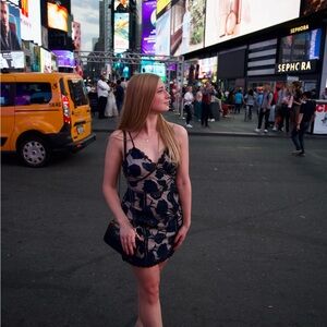 Elegant Navy and Beige Floral Dress